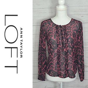 LOFT Sheer Maroon Black Floral Pullover Blouse